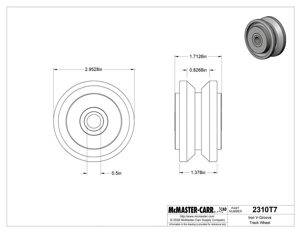 Technical Drawing of Iron V-Groove Track Wheel, 3" Diameter x 1-3/8" Wide.